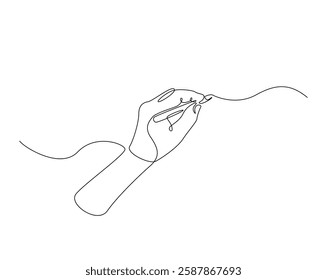 Hand holding pencil one line drawing illustration. writer hand holding pen monoline design.  