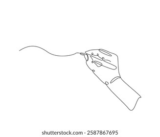 Hand holding pencil one line drawing illustration. writer hand holding pen monoline design.  