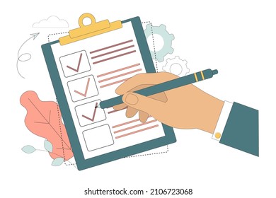 Hand holding pencil, pen and clipboard with checklist. To-do list. Project planning. Questioning, voting, inventory. Elections, marketing, development, questionnaire, inventory. Vector illustration