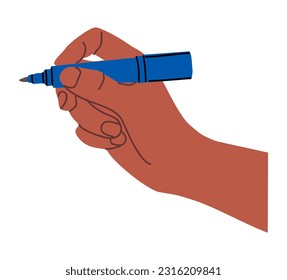Hand holding pencil, pen, linear, highlighter. Hand writing, drawing. Wrist and art tool, instrument. Colorful cartoon style Flat vector illustration isolated on white background.