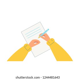 Hand holding pencil. A person writes, draws on a piece of paper. The view from the top. Vector illustration, flat style. White background.