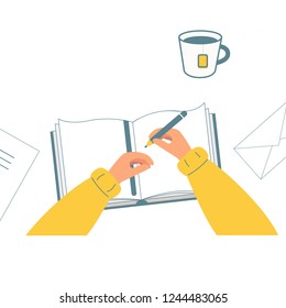 Hand holding pencil. A person writes, draws in a notebook, a book. Cup of tea. The view from the top. Vector illustration, flat style. White background.