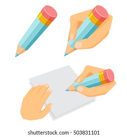 Hand holding pencil set. Process of writing, drawing and sketching. Office and artist tool cartoon vector illustration. Working, education, hobby and creative concept.