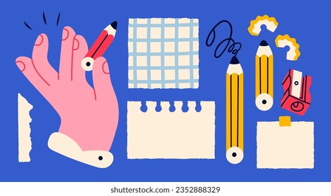 Hand holding pencil, sharpener, checked paper, blank paper, sticky note. Reminder, office, planner concept. Hand drawn Vector illustration. Cartoon style. Isolated elements. Design templates