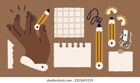 Hand holding pencil, sharpener, checked paper, blank paper, sticky note. Reminder, office, planner concept. Hand drawn Vector illustration. Cartoon style. Isolated elements. Design templates