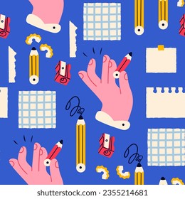 Hand holding pencil, sharpener, checked paper, blank paper, sticky note. Reminder, office, planner concept. Hand drawn Vector illustration. Cartoon style. Square seamless Pattern