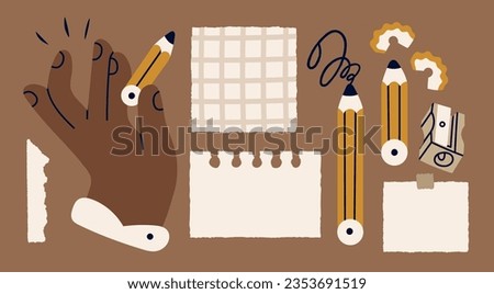 Hand holding pencil, sharpener, checked paper, blank paper, sticky note. Reminder, office, planner concept. Hand drawn Vector illustration. Cartoon style. Isolated elements. Design templates