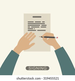 Hand holding pencil   signing contract  Vector flat illustration 
