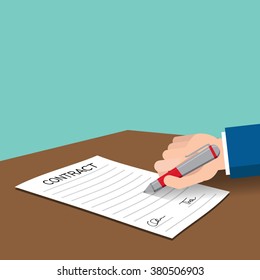 Hand holding pencil and signing contract on table - vector illutration