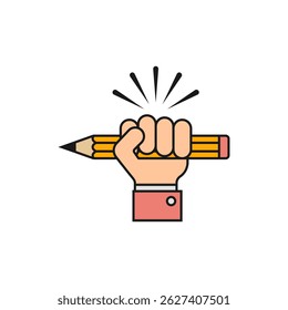 Hand holding a pencil. Vector icon. A raised hand clenches a large pencil in a fist. Illustration and drawing on white background.