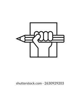 Hand holding a pencil. Vector icon. A raised hand clenches a large pencil in a fist. Illustration and drawing on white background.