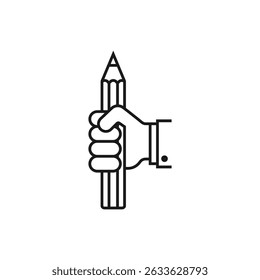 Hand holding a pencil. Vector icon. A hand clenches a large pencil in a fist. Illustration and drawing on white background.