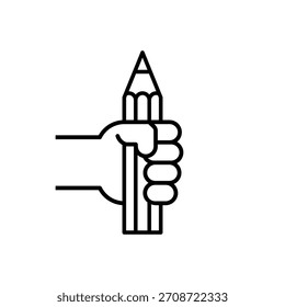 Mão segurando um lápis. Ícone de vetor. Uma mão segura um lápis grande em um punho. Ilustração e desenho sobre fundo branco.
