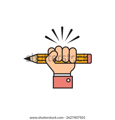 Hand holding a pencil. Vector icon. A raised hand clenches a large pencil in a fist. Illustration and drawing on white background.