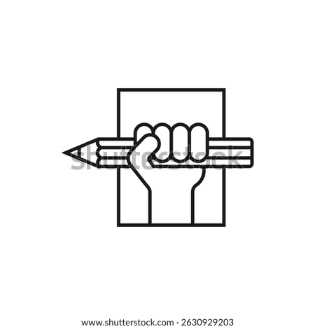 Hand holding a pencil. Vector icon. A raised hand clenches a large pencil in a fist. Illustration and drawing on white background.