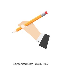 Hand holding pencil vector illustration, lead pencil with rubber in hand ready to draw or make note, flat cartoon icon design isolated on white background 