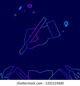 Hand Holding a Pencil Vector Line Illustration. Writing, Authors or Education Gradient Icon, Symbol, Pictogram, Sign. Dark Blue Background. Light Abstract Geometric Background. Related Bottom Border