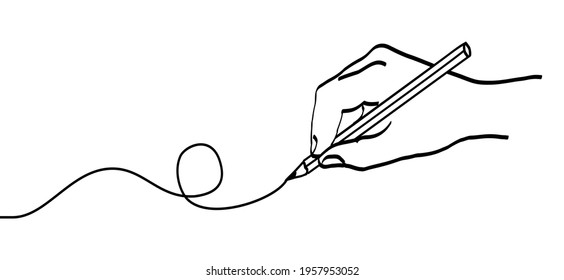 Hand holding pencil. Vector line pattern logo. Writing with a pencils. Draw brushes. Drawing cartoon human hands palm with pen and  copy space symbol or icon. Crayons, crayon banner.
