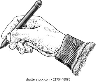 A hand holding a pencil in a vintage retro engraved or etched woodcut print style