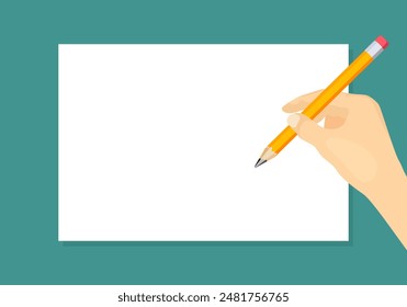 Hand holding pencil. White blank sheet of paper. Empty space. Vector cartoon illustration