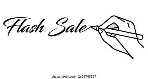 Hand holding pencil write flash sale drawing. Letter and diary concept in simple linear style. Vector illustration.
