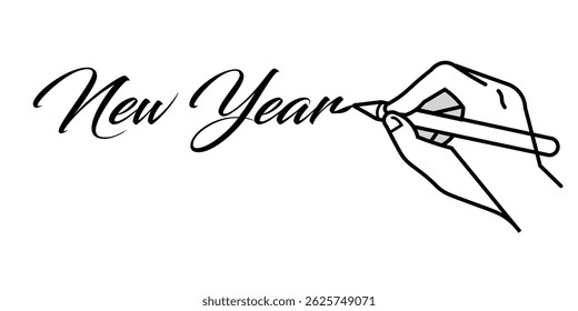 Hand halten Bleistift schreiben Neujahr Zeichnung. Brief- und Tagebuchkonzept im einfachen linearen Stil. Vektorgrafik.