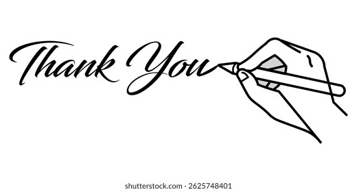 Hand holding pencil write thank you drawing. Letter and diary concept in simple linear style. Vector illustration.