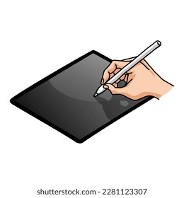 Hand Holding Pencil Writer Writing on Tablet Gadget Mobile Vector Illustration Drawing