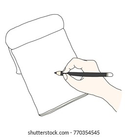 Hand holding a pencil writing down on blank page of notepad. Vector illustration with hand-drawn style.