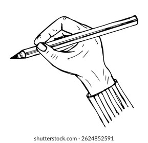 Hand holding a pencil in a writing or drawing position, hand-drawn vector.