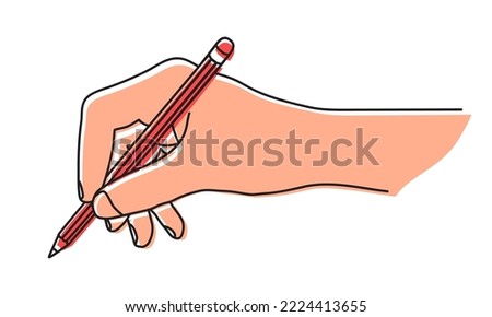 Hand holding a pencil, writing or drawing, isolated on white background