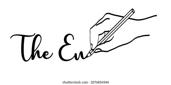 Hand Holding Pencil And Writing The End, Line Pattern. The End Movie Title, Cinema. Drawing Vector Cartoon Symbol. Writing With A Pencils For Movie Exit Screen.