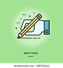 Hand holding pencil and writing, flat design thin line banner, usage for e-mail newsletters, web banners, headers, blog posts, print and more