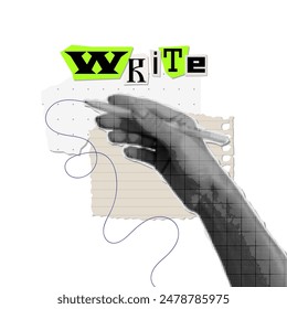 A hand holding a pencil and writing. Trendy halftone vector collage. Vintage isolated concept with torn out paper elements.