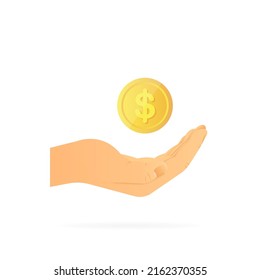 Hand Holding Penny. Realistic Hand. White Background. Vector Illustration.