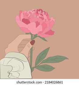 hand holding peony flower. Flat illustration.