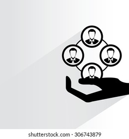 hand holding people diagram, organization chart on white background, flat and shadow theme