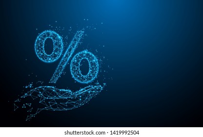Hand holding percent from lines, triangles and particle style design. Illustration vector