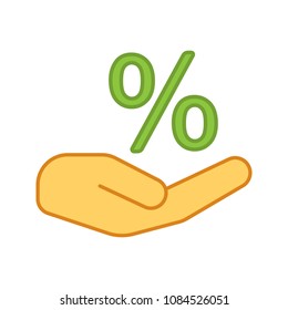 Hand holding percent sign color icon. Discount offer. Isolated vector illustration