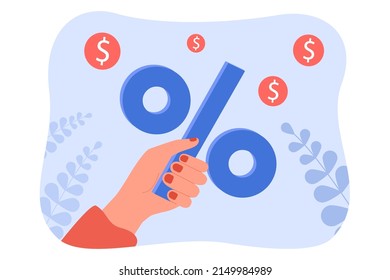 Hand holding percentage sign among flying money coins. Advertising campaign of discounts for person flat vector illustration. Financial interest concept for banner, website design or landing web page