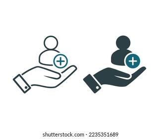 Hand holding person with plus icon. Illustration vector