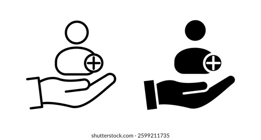 Hand holding person with plus icon set, Symbol isolated white background. vector illustration. color editable.