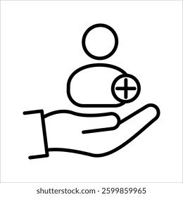 Hand holding person with plus Icon. Symbol isolated white background. vector illustration. color editable.