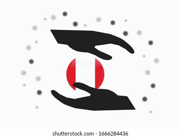 Hand holding peru flag in cycle symbol, Protect Peruvian people from coronavirus  or COVID-19 concept, Save peru, sign symbol background, vector illustration. 