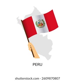 Hand holding Peruvian flag on map background