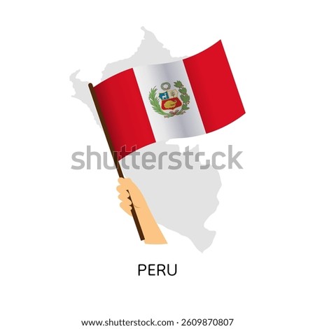 Hand holding Peruvian flag on map background
