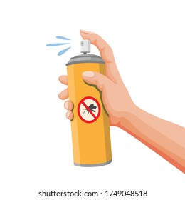 Hand Holding Pest Control Spray, Mosquito Repellent Aerosol Can. Concept Cartoon Illustration Vector On White Background