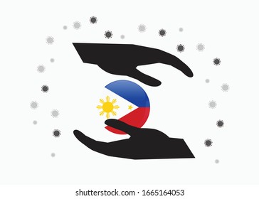 Mano portando la bandera filipina en el símbolo del ciclo, Proteger a los filipinos del coronavirus o el concepto COVID-19, Salvar Filipinas, símbolo del símbolo de signo fondo, ilustración vectorial. 