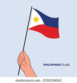 Hand holding Philippines flag in line art drawing style. Philippines hand Flag waving. Vector illustration