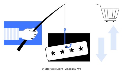 Uma mão segurando um gancho de phishing pegando uma senha, com um carrinho de compras e setas. Ideal para segurança cibernética, compras on-line, proteção de dados, reconhecimento de phishing, educação em segurança digital